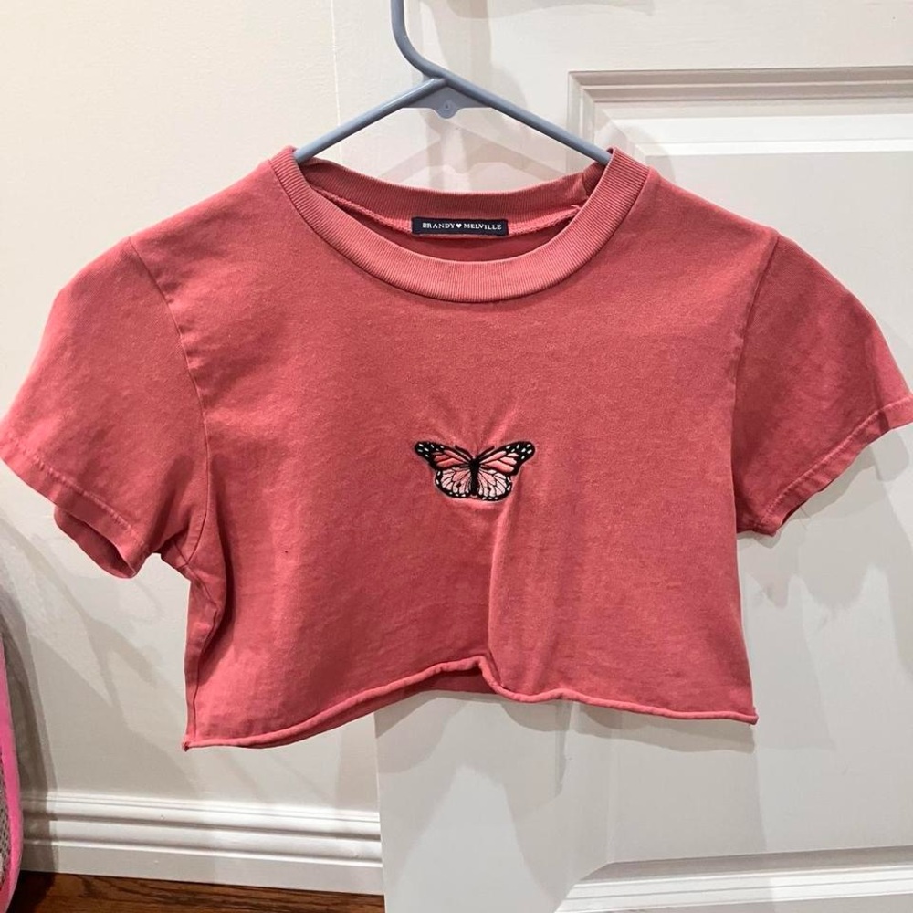 Brandy Melville Pink Short Sleeve Tee with Butterfly Design